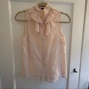 Semi-sheer pale pink Theory button down ruffle tank XS